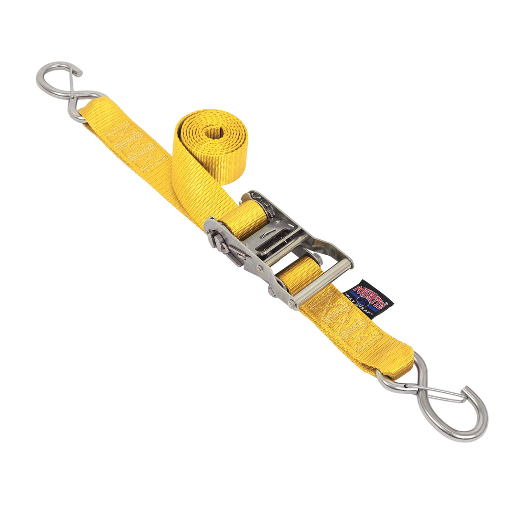 PowerTye 1.5in STAINLESS STEEL RATCHET STRAPS with Latch Hooks for cargo, motorcycles, trailers, boats, watercraft, transom and marine use#color_yellow