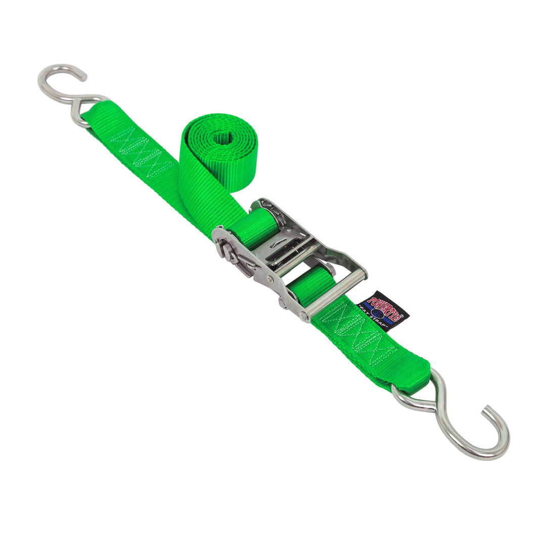 PowerTye 1.5in STAINLESS STEEL RATCHET STRAPS with S-Hooks for cargo, motorcycles, trailers, boats, watercraft, transom and marine use#color_green