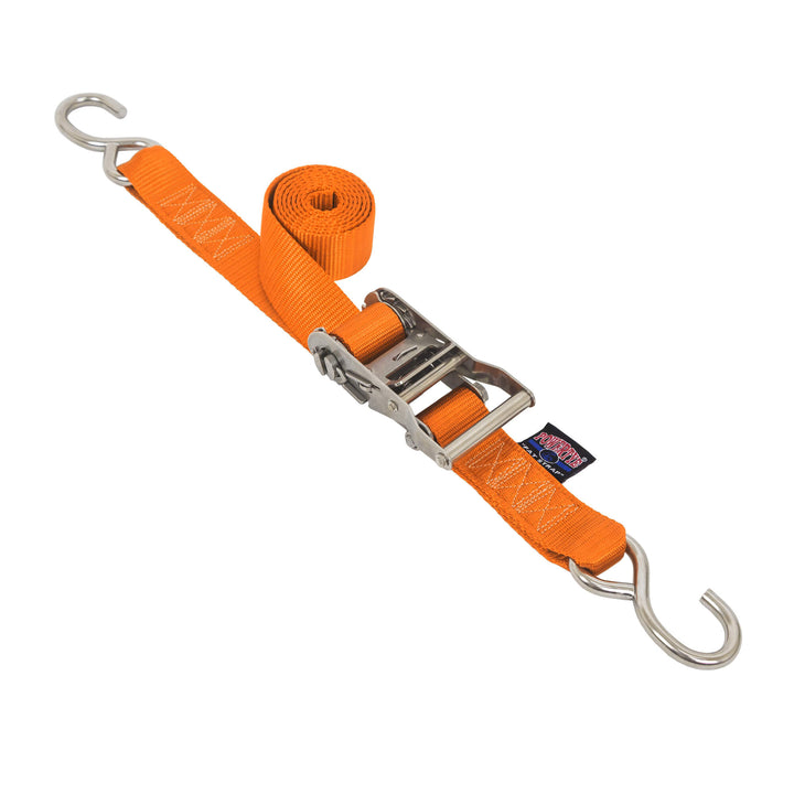 PowerTye 1.5in STAINLESS STEEL RATCHET STRAPS with S-Hooks for cargo, motorcycles, trailers, boats, watercraft, transom and marine use#color_orange