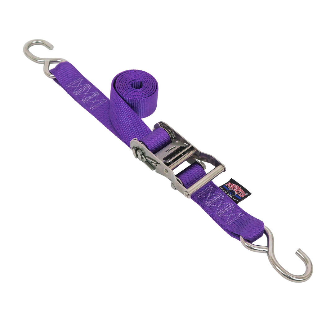 PowerTye 1.5in STAINLESS STEEL RATCHET STRAPS with S-Hooks for cargo, motorcycles, trailers, boats, watercraft, transom and marine use#color_purple