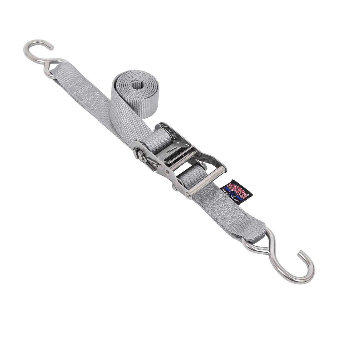 PowerTye 1.5in STAINLESS STEEL RATCHET STRAPS with S-Hooks for cargo, motorcycles, trailers, boats, watercraft, transom and marine use#color_silver