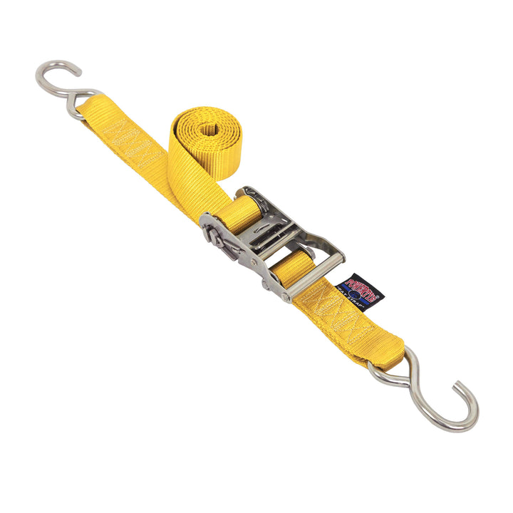 PowerTye 1.5in STAINLESS STEEL RATCHET STRAPS with S-Hooks for cargo, motorcycles, trailers, boats, watercraft, transom and marine use#color_yellow