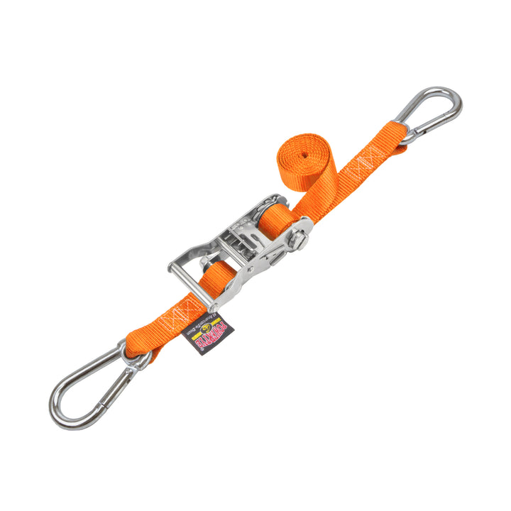 1in STAINLESS WIDE RATCHET with STAINLESS STEEL CARABINER HOOKS for motorcycles, boats watercraft and cargo#color_orange