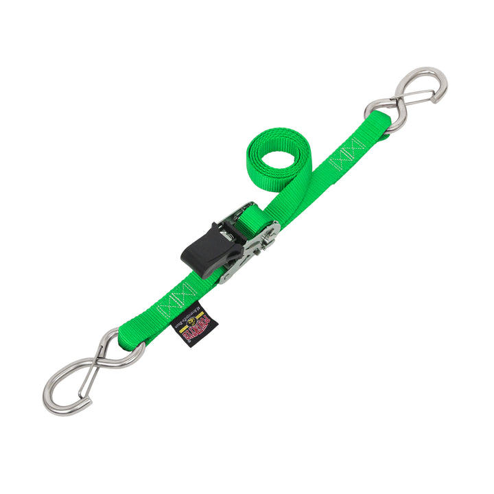 1in STAINLESS *EASY GRIP* RATCHET with STAINLESS LATCH HOOKS for motorcycles, boats watercraft and cargo#color_green