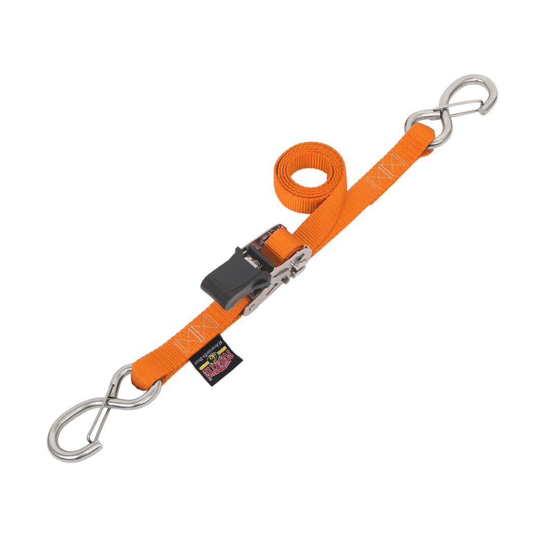 1in STAINLESS *EASY GRIP* RATCHET with STAINLESS LATCH HOOKS for motorcycles, boats watercraft and cargo#color_orange