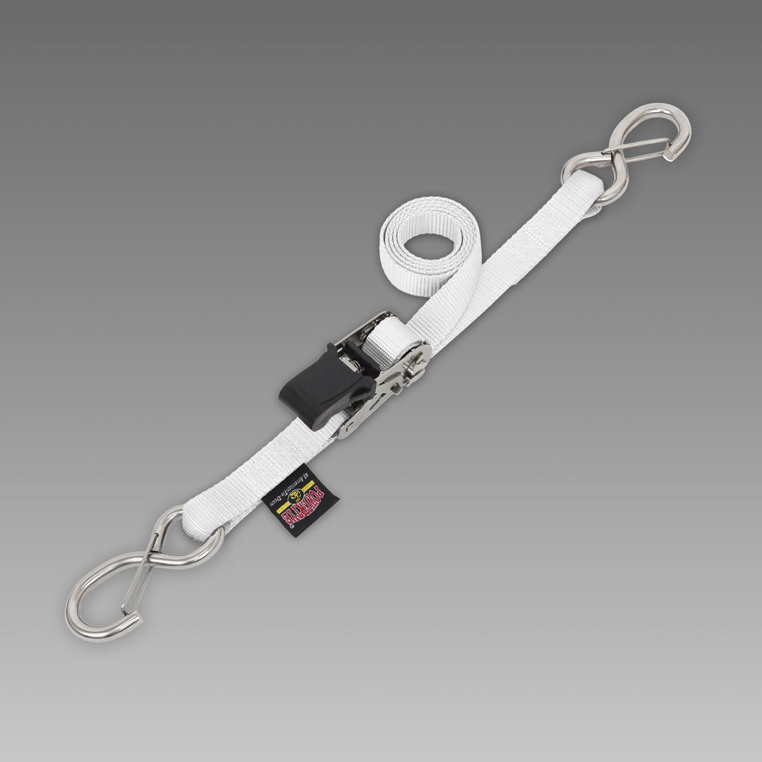 1in STAINLESS *EASY GRIP* RATCHET with STAINLESS LATCH HOOKS for motorcycles, boats watercraft and cargo#color_white