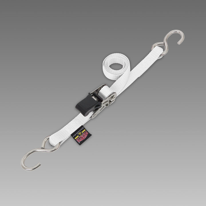 1in EASY GRIP Stainless Ratchet with Stainless S-Hooks for motorcycles, boats, watercraft and cargo#color_white