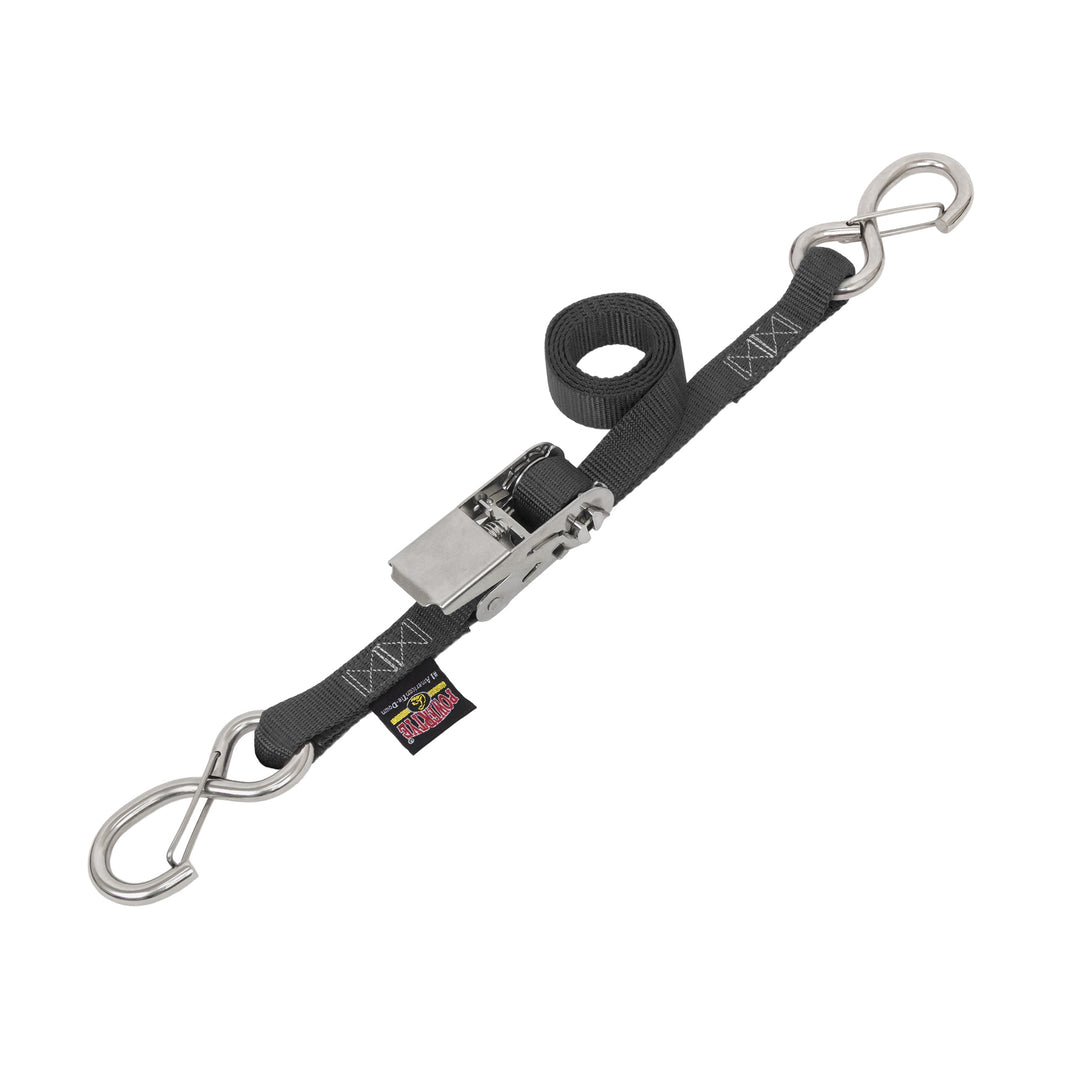 1in STAINLESS SLIMLINE RATCHET with STAINLESS LATCH HOOKS for motorcycles, boats watercraft and cargo#color_black