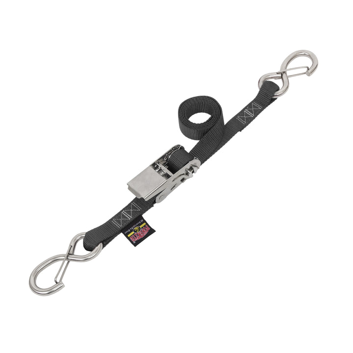 1in STAINLESS SLIMLINE RATCHET with STAINLESS LATCH HOOKS for motorcycles, boats watercraft and cargo#color_black