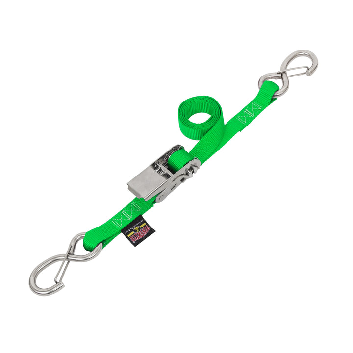 1in STAINLESS SLIMLINE RATCHET with STAINLESS LATCH HOOKS for motorcycles, boats watercraft and cargo#color_green