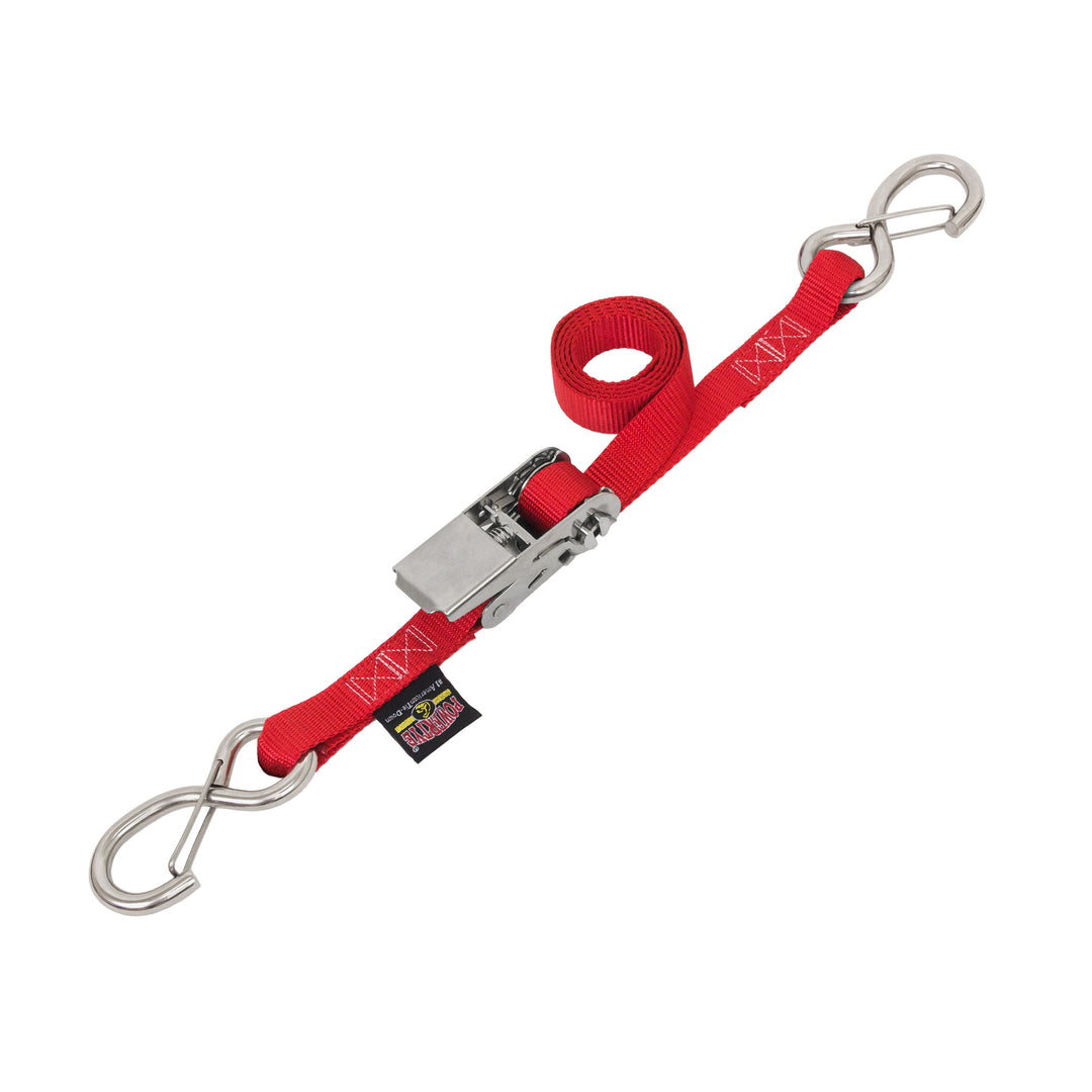 1in STAINLESS SLIMLINE RATCHET with STAINLESS LATCH HOOKS for motorcycles, boats watercraft and cargo#color_red