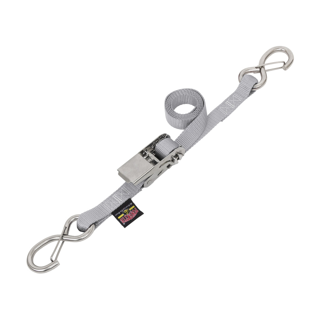 1in STAINLESS SLIMLINE RATCHET with STAINLESS LATCH HOOKS for motorcycles, boats watercraft and cargo#color_silver