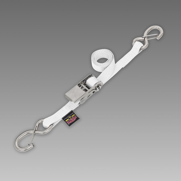 1in STAINLESS SLIMLINE RATCHET with STAINLESS LATCH HOOKS for motorcycles, boats watercraft and cargo#color_white