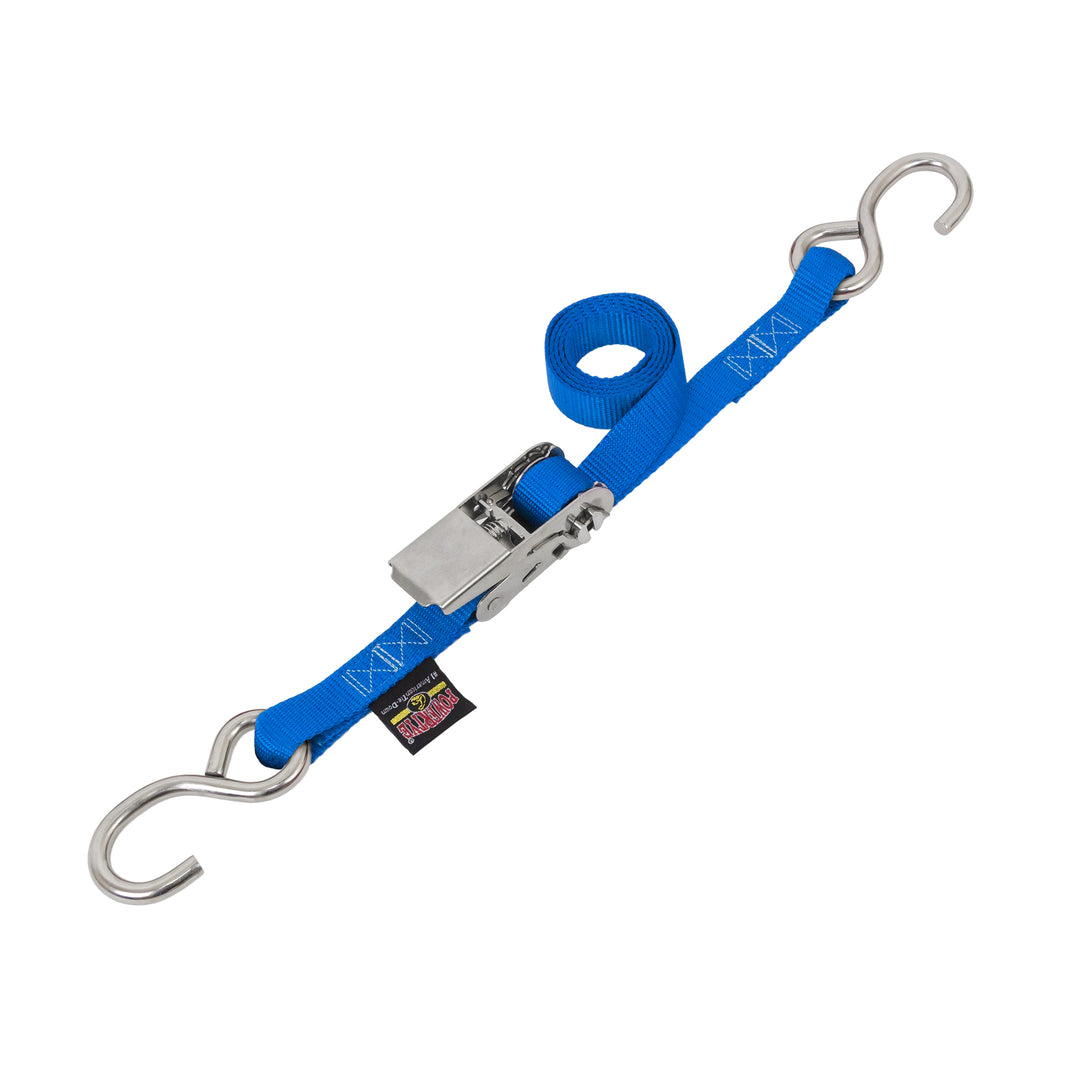 1in SLIMLINE STAINLESS RATCHET with STAINLESS STEEL S-HOOKS for motorcycles, boats watercraft and cargo#color_blue