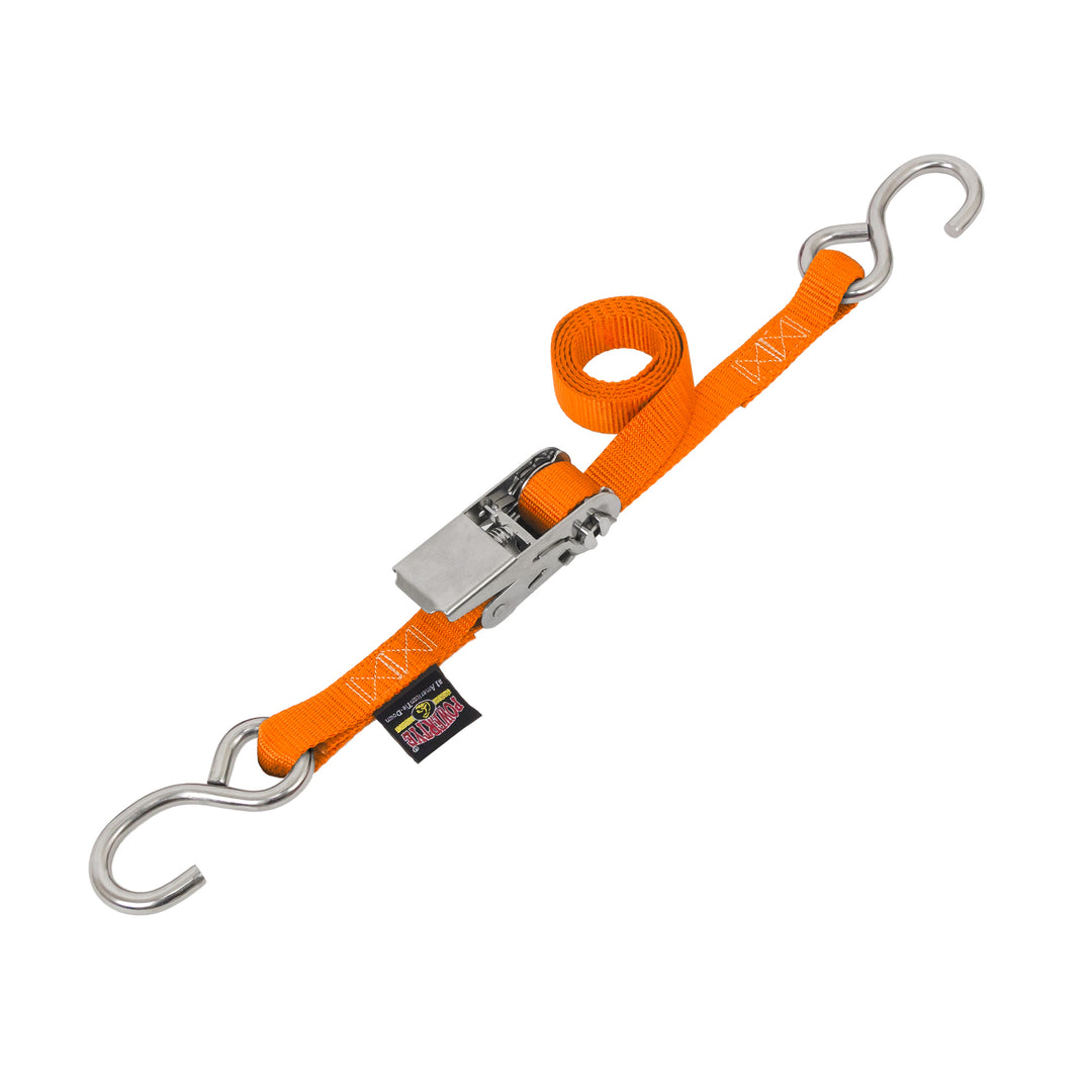 1in SLIMLINE STAINLESS RATCHET with STAINLESS STEEL S-HOOKS for motorcycles, boats watercraft and cargo#color_orange