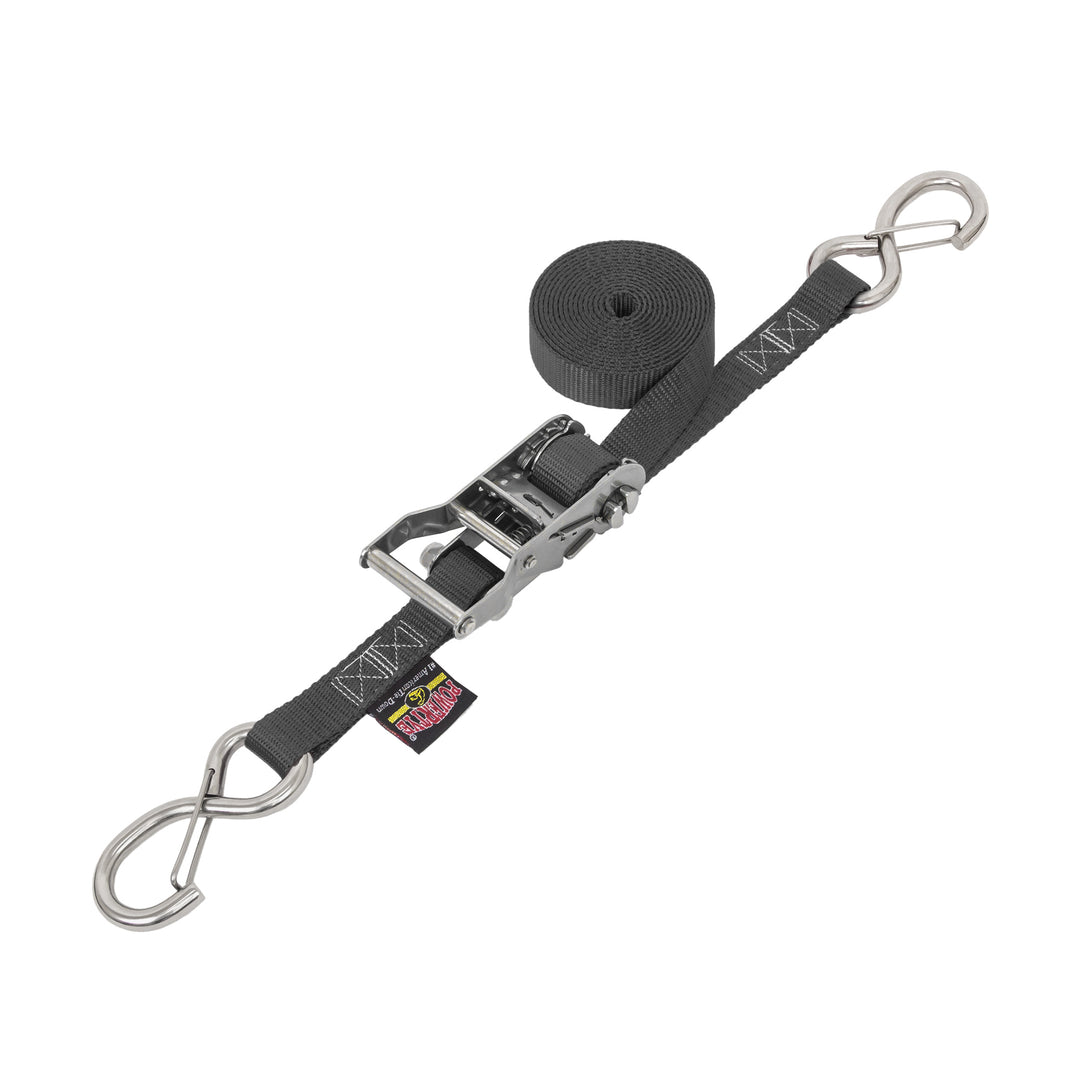 1in STAINLESS WIDE RATCHET with STAINLESS LATCH HOOKS for motorcycles, boats watercraft and cargo#color_black