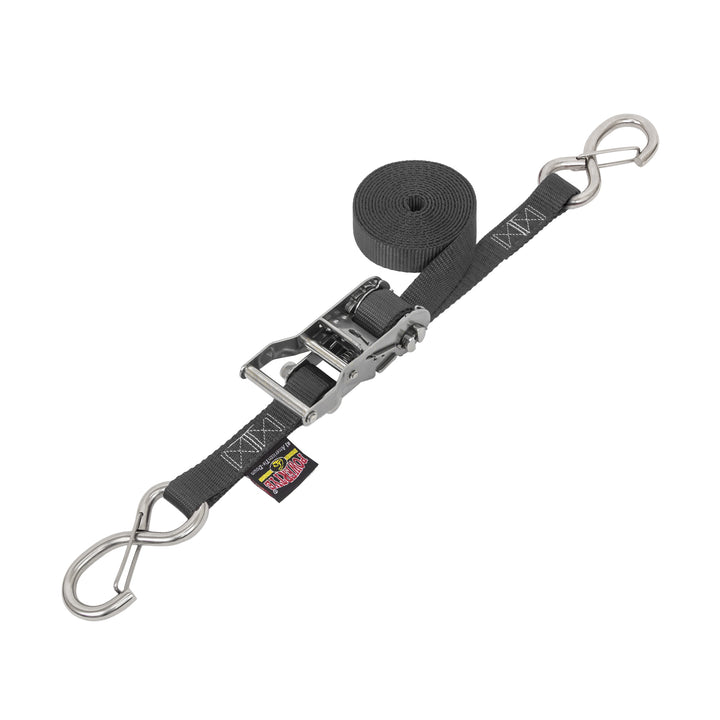 1in STAINLESS WIDE RATCHET with STAINLESS LATCH HOOKS for motorcycles, boats watercraft and cargo#color_black