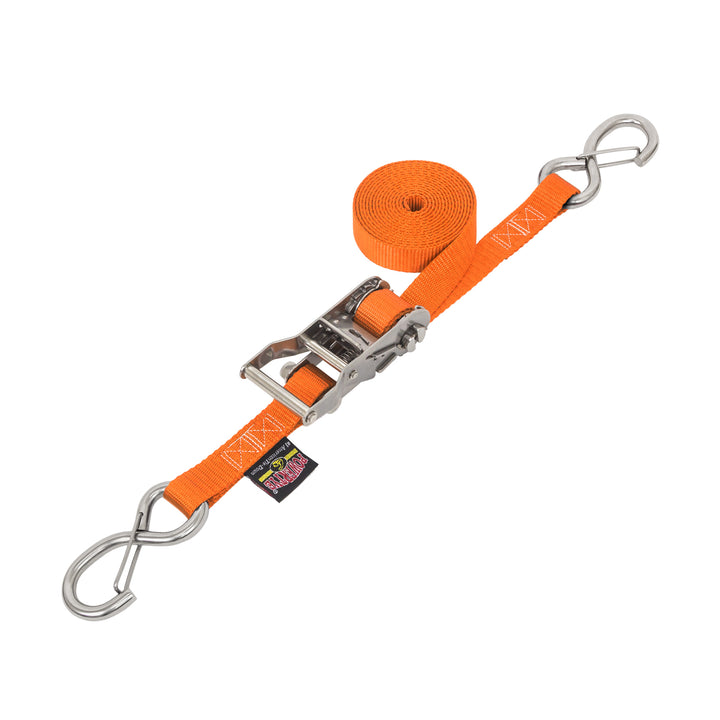 1in STAINLESS WIDE RATCHET with STAINLESS LATCH HOOKS for motorcycles, boats watercraft and cargo#color_orange