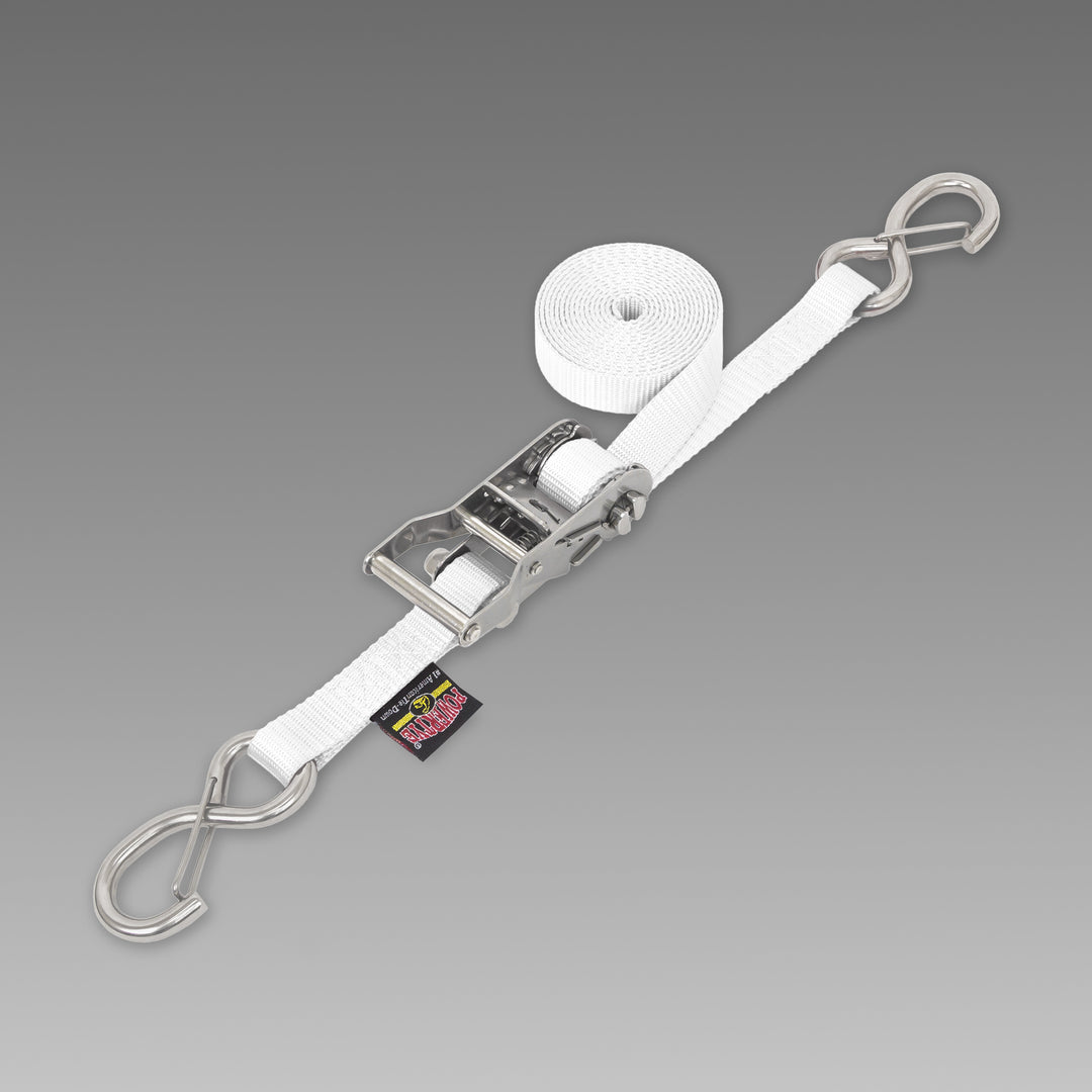 1in STAINLESS WIDE RATCHET with STAINLESS LATCH HOOKS for motorcycles, boats watercraft and cargo#color_white