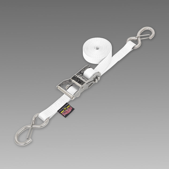 1in STAINLESS WIDE RATCHET with STAINLESS LATCH HOOKS for motorcycles, boats watercraft and cargo#color_white