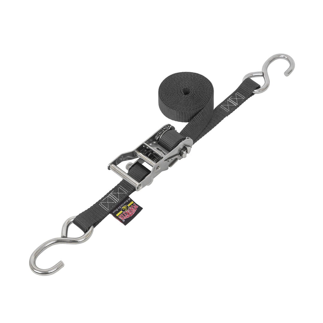 1in STAINLESS WIDE RATCHET with STAINLESS S-HOOKS for motorcycles, boats watercraft and cargo#color_black