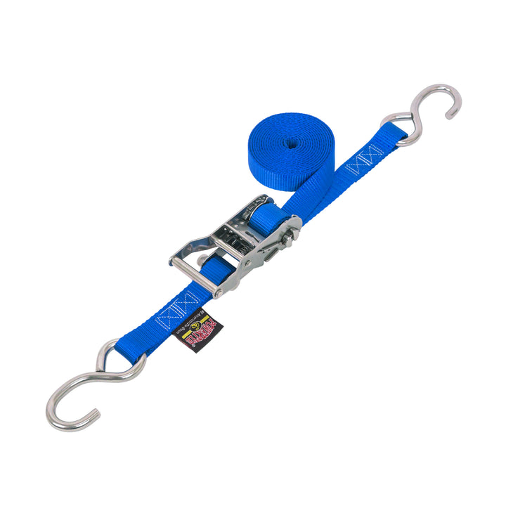 1in STAINLESS WIDE RATCHET with STAINLESS S-HOOKS for motorcycles, boats watercraft and cargo#color_blue