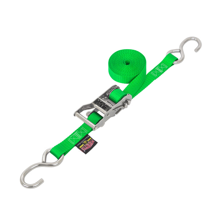 1in STAINLESS WIDE RATCHET with STAINLESS S-HOOKS for motorcycles, boats watercraft and cargo#color_green