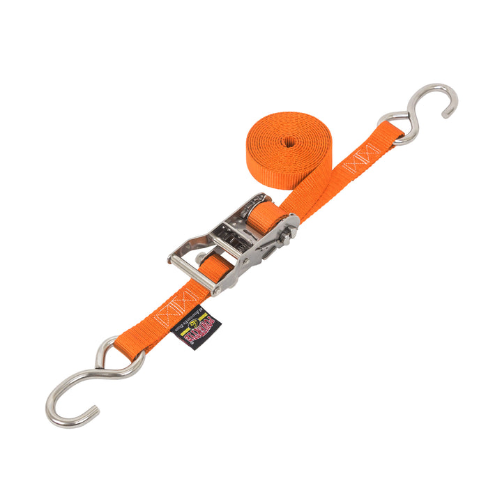 1in STAINLESS WIDE RATCHET with STAINLESS S-HOOKS for motorcycles, boats watercraft and cargo#color_orange