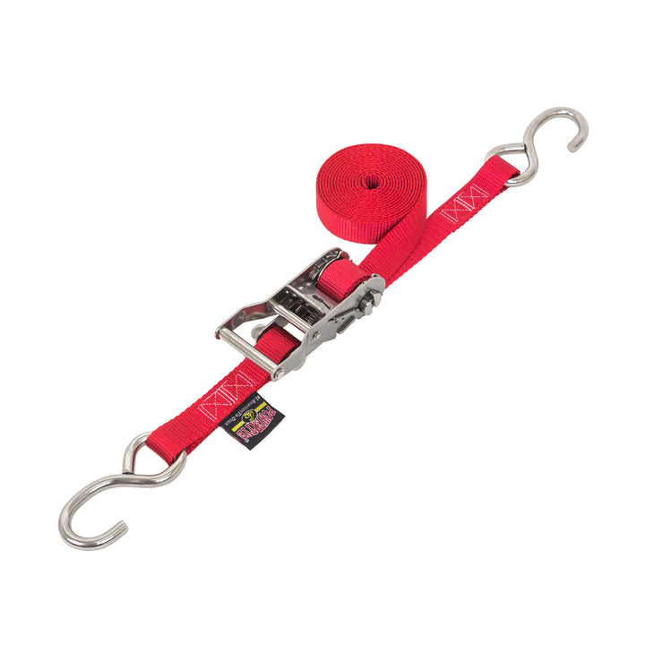 1in STAINLESS WIDE RATCHET with STAINLESS S-HOOKS for motorcycles, boats watercraft and cargo#color_red