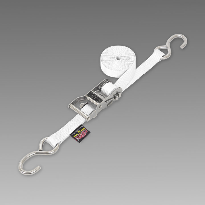 1in STAINLESS WIDE RATCHET with STAINLESS S-HOOKS for motorcycles, boats watercraft and cargo#color_white