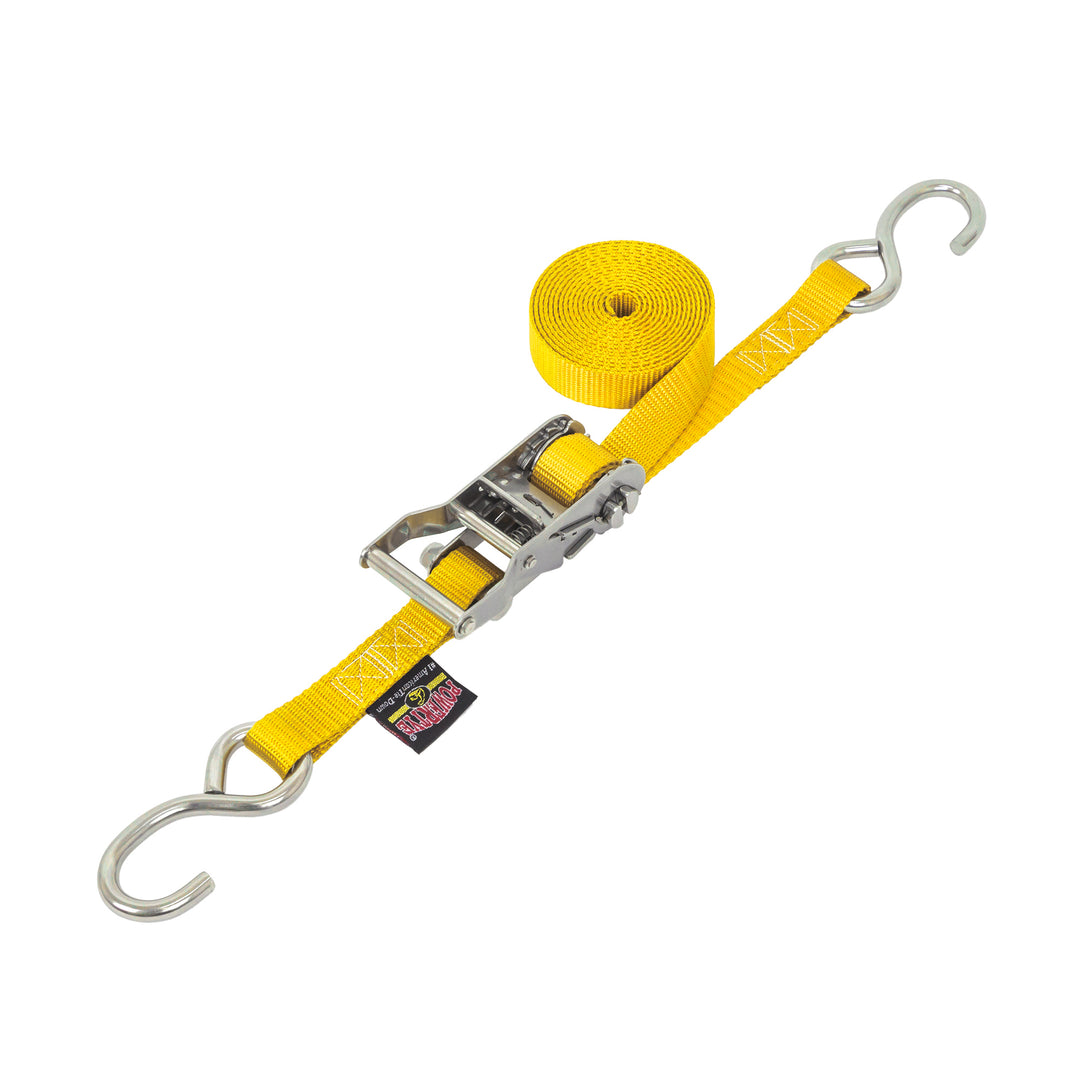 1in STAINLESS WIDE RATCHET with STAINLESS S-HOOKS for motorcycles, boats watercraft and cargo#color_yellow