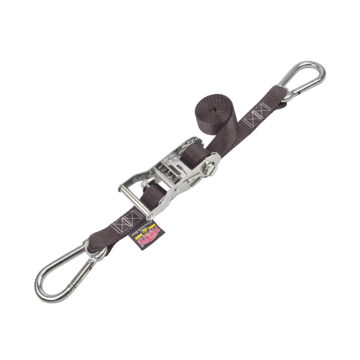1in STAINLESS WIDE RATCHET with STAINLESS STEEL CARABINER HOOKS for motorcycles, boats watercraft and cargo#color_black