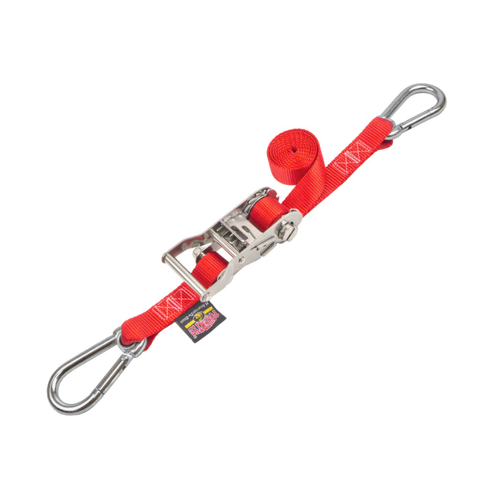 1in STAINLESS WIDE RATCHET with STAINLESS STEEL CARABINER HOOKS for motorcycles, boats watercraft and cargo#color_red
