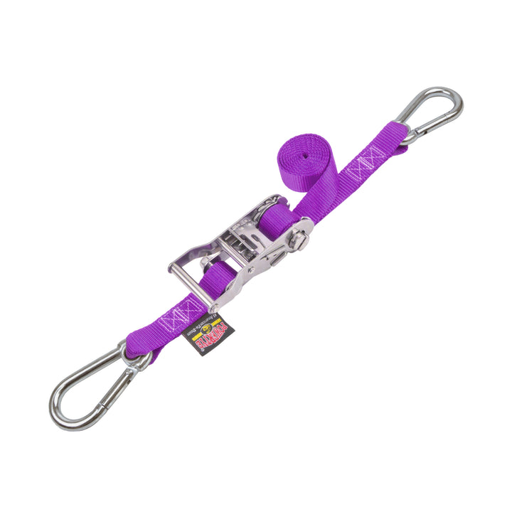 1in STAINLESS WIDE RATCHET with STAINLESS STEEL CARABINER HOOKS for motorcycles, boats watercraft and cargo#color_purple