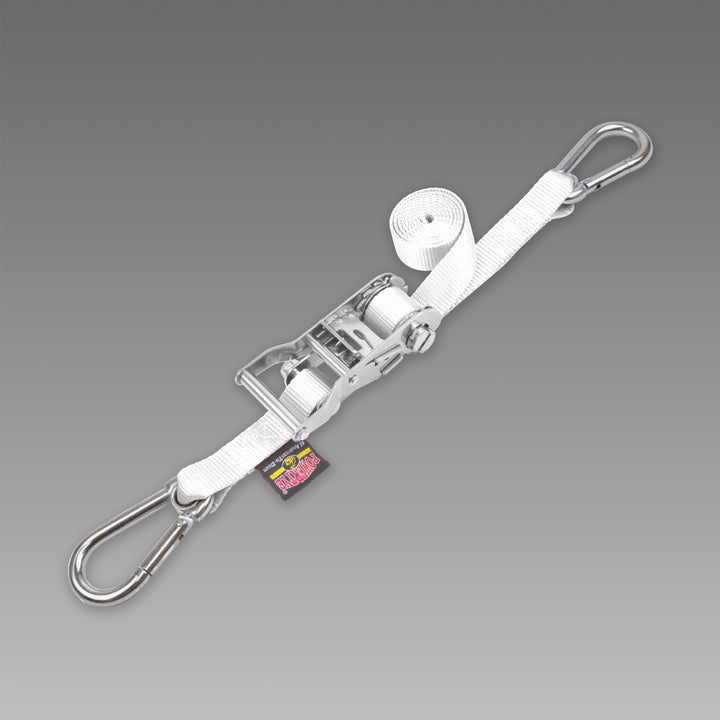 1in STAINLESS WIDE RATCHET with STAINLESS STEEL CARABINER HOOKS for motorcycles, boats watercraft and cargo#color_white