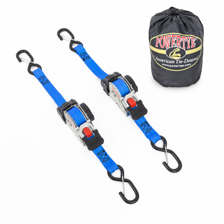 1in x 10ft RETRACTOR RATCHET STRAPS with 4in LATCH HOOKS, STORAGE BAG (pair + bag) - PowerTye#color_blue