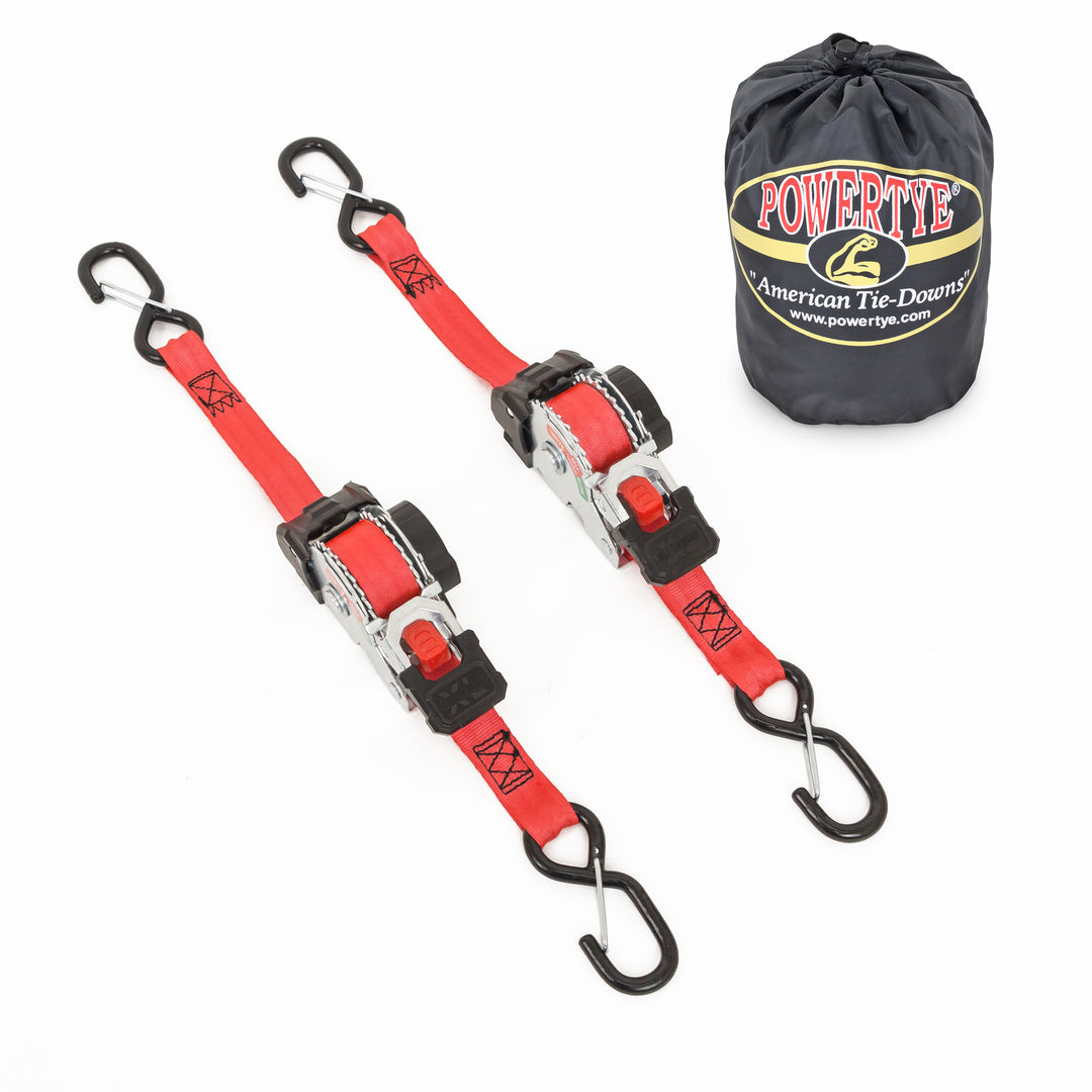 1in x 10ft RETRACTOR RATCHET STRAPS with 4in LATCH HOOKS, STORAGE BAG (pair + bag) - PowerTye#color_red