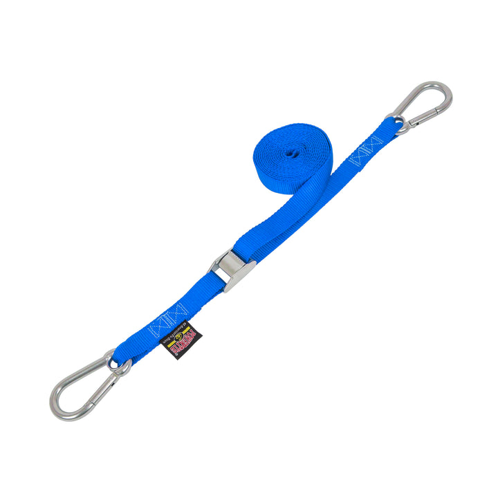 1in STAINLESS CAM BUCKLE TIE - DOWN with STAINLESS CARABINER HOOKS (each) - PowerTye#color_blue