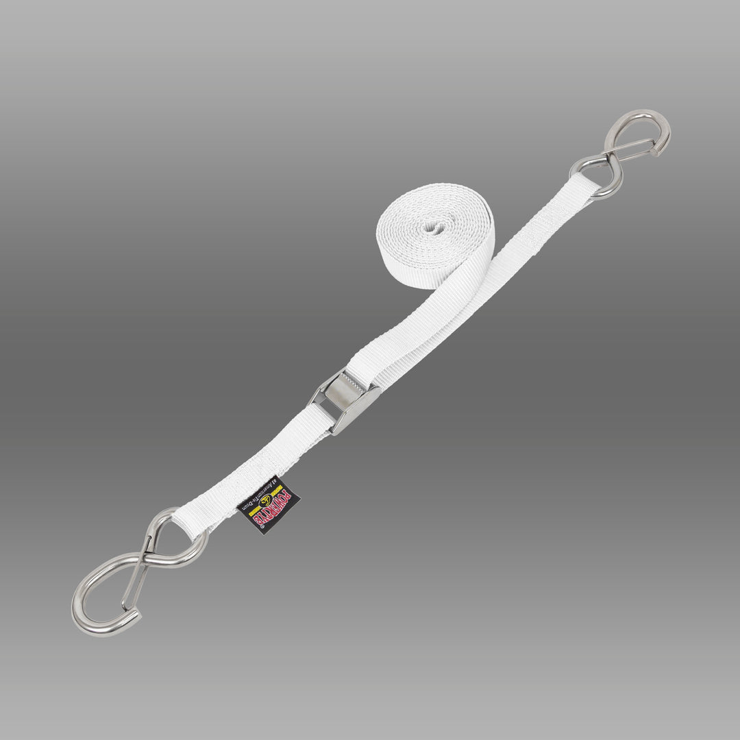 1in STAINLESS CAM BUCKLE TIE - DOWN with STAINLESS LATCH HOOKS (each) - PowerTye#color_white