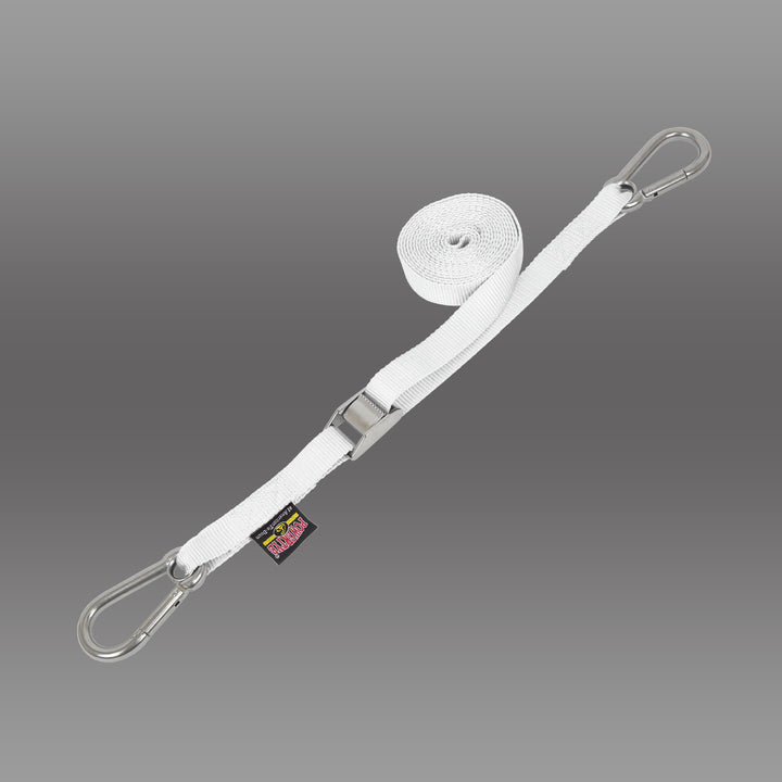 1in STAINLESS CAM BUCKLE TIE - DOWN with STAINLESS CARABINER HOOKS (each) - PowerTye#color_white