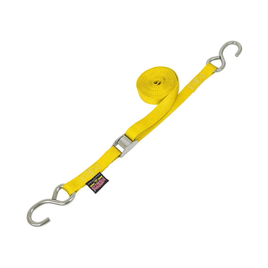 1in Stainless Steel Cam Buckle Straps with stainless s-hooks for boats, marine and cargo#color_yellow