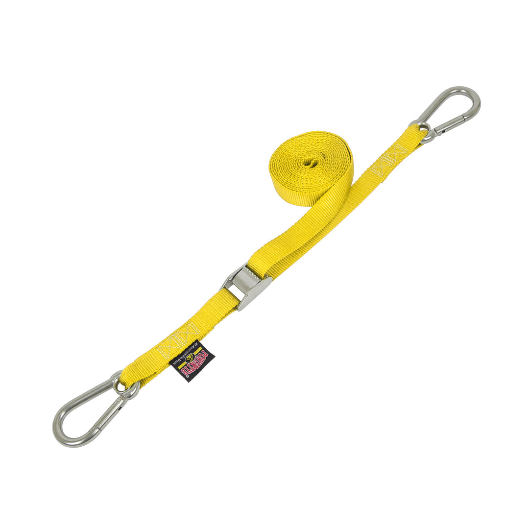 1in STAINLESS CAM BUCKLE TIE - DOWN with STAINLESS CARABINER HOOKS (each) - PowerTye#color_yellow