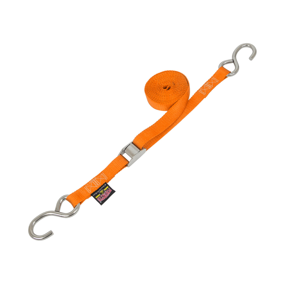 1in Stainless Steel Cam Buckle Straps with stainless s-hooks for boats, marine and cargo#color_orange
