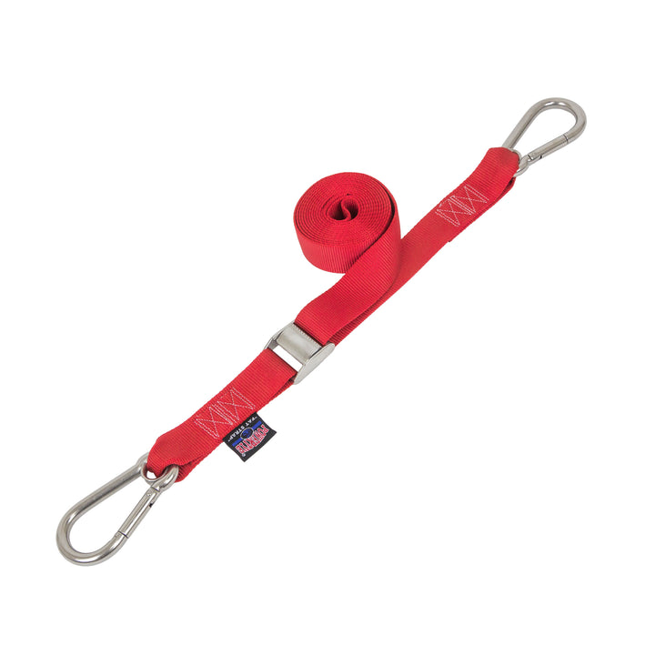 PowerTye 1.5in STAINLESS - CAM BUCKLE - TIE - DOWN with STAINLESS Carabiner Hooks(each)#color_red