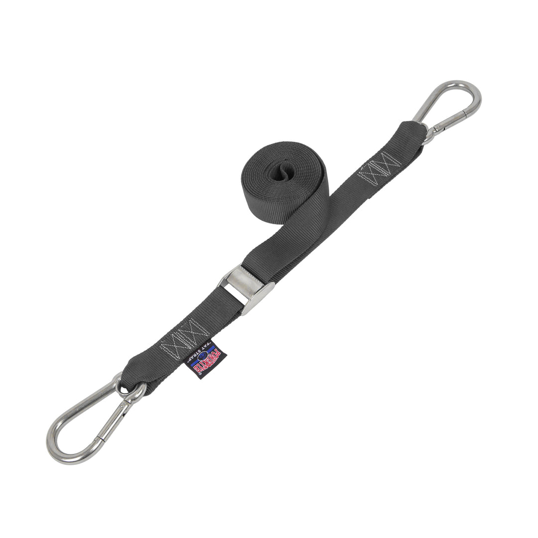 PowerTye 1.5in STAINLESS - CAM BUCKLE - TIE - DOWN with STAINLESS Carabiner Hooks(each)#color_black