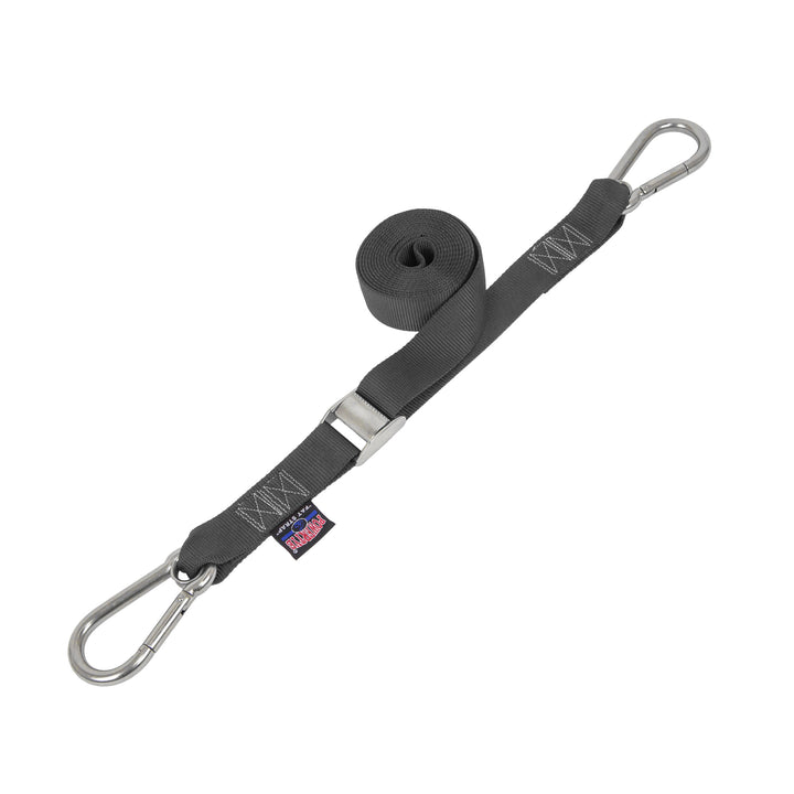 PowerTye 1.5in STAINLESS - CAM BUCKLE - TIE - DOWN with STAINLESS Carabiner Hooks(each)#color_black