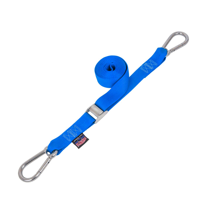 PowerTye 1.5in STAINLESS - CAM BUCKLE - TIE - DOWN with STAINLESS Carabiner Hooks(each)#color_blue