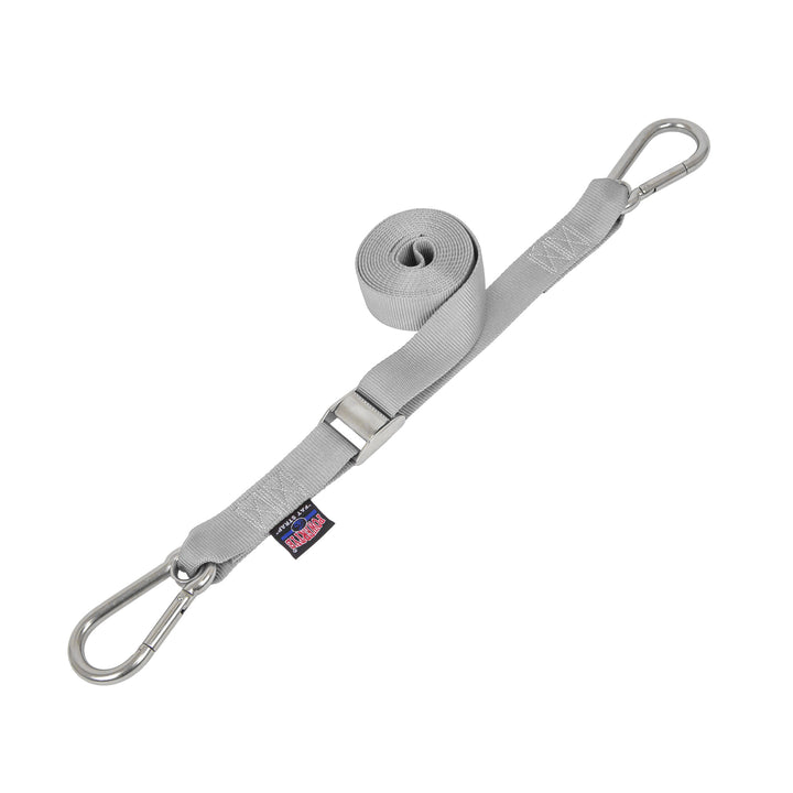 PowerTye 1.5in STAINLESS - CAM BUCKLE - TIE - DOWN with STAINLESS Carabiner Hooks(each)#color_silver