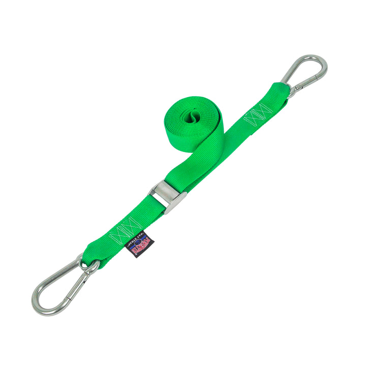 PowerTye 1.5in STAINLESS - CAM BUCKLE - TIE - DOWN with STAINLESS Carabiner Hooks(each)#color_green