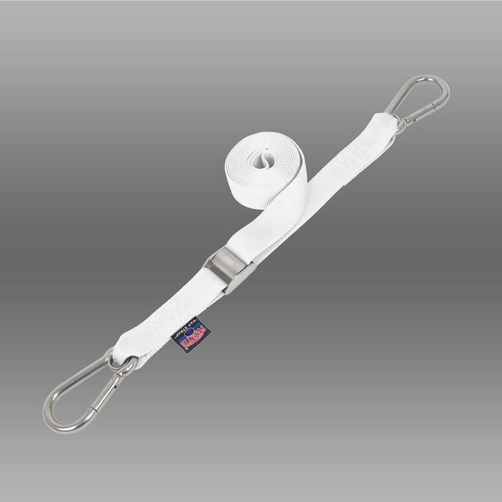 PowerTye 1.5in STAINLESS - CAM BUCKLE - TIE - DOWN with STAINLESS Carabiner Hooks(each)#color_white